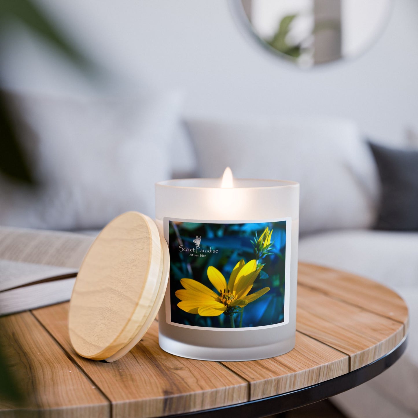 Frosted Glass Candle — Yellow Wildflower Photo Design, 11 oz